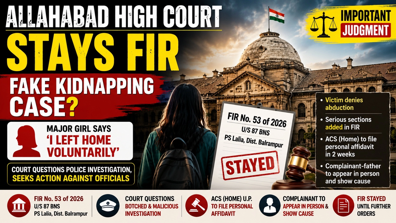 The High Court of Judicature at Allahabad stayed an alleged fake kidnapping FIR after a major girl told the Court she left home voluntarily